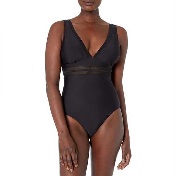 Tommy Hilfiger Black Mesh Trim-Plunge One Piece Swimsuit Size 14 NWT - Picture 1 of 16
